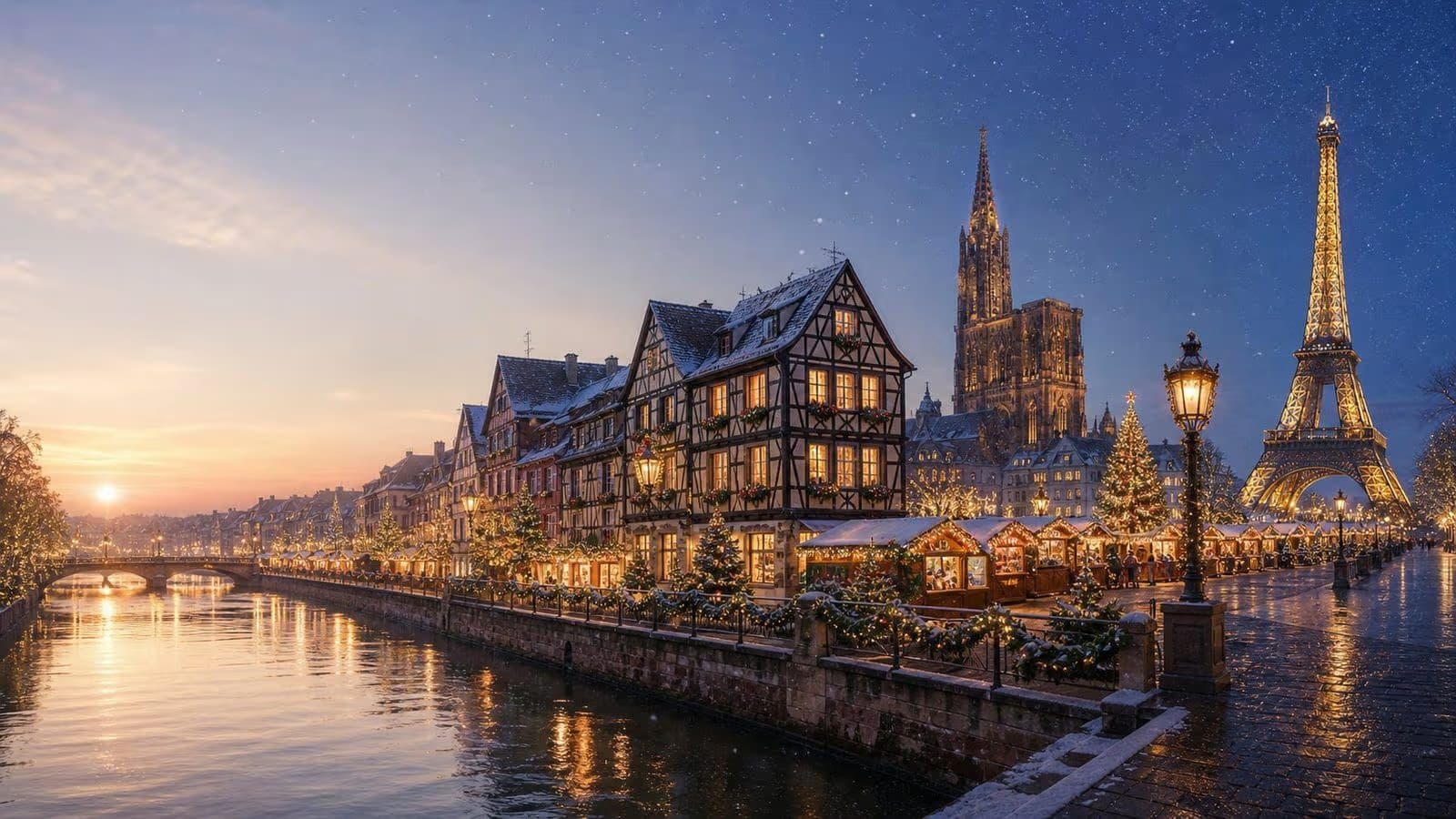 Estrasburgo à noite, mercado de Natal com vista para a Catedral