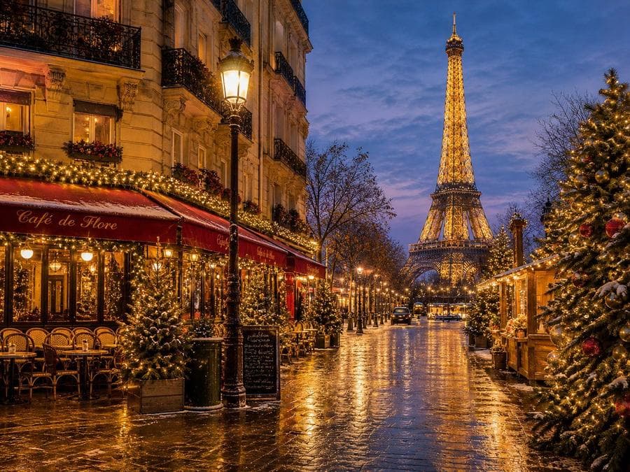 Paris no Natal, Café de Flore com Torre Eiffel ao fundo